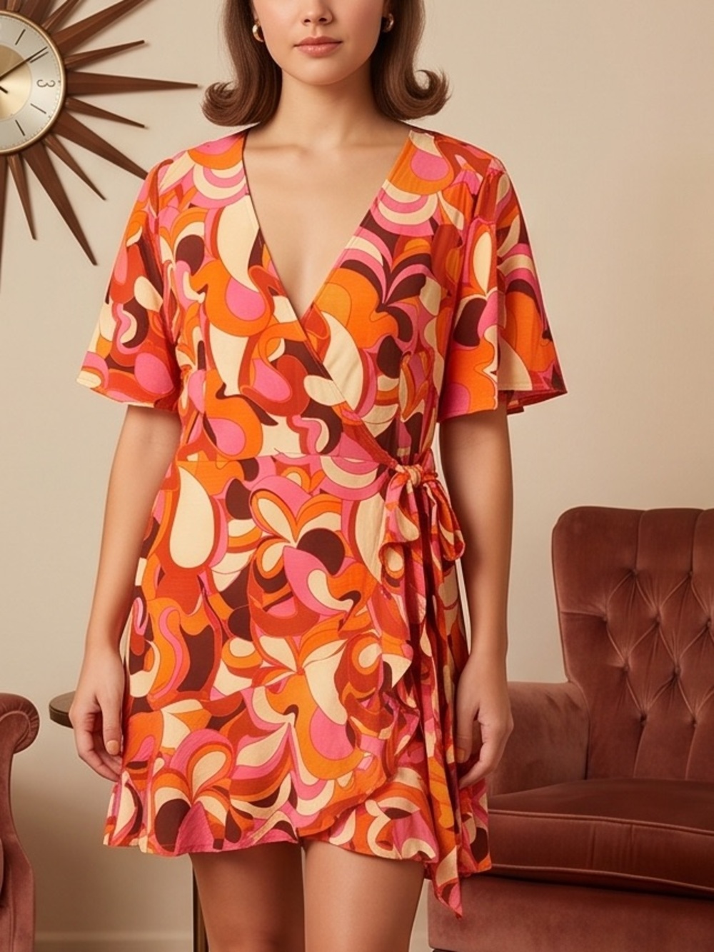 Ava & Viv Groovy Retro 60’s Print Wrap Waist Romper in Orange and Pink Abstract